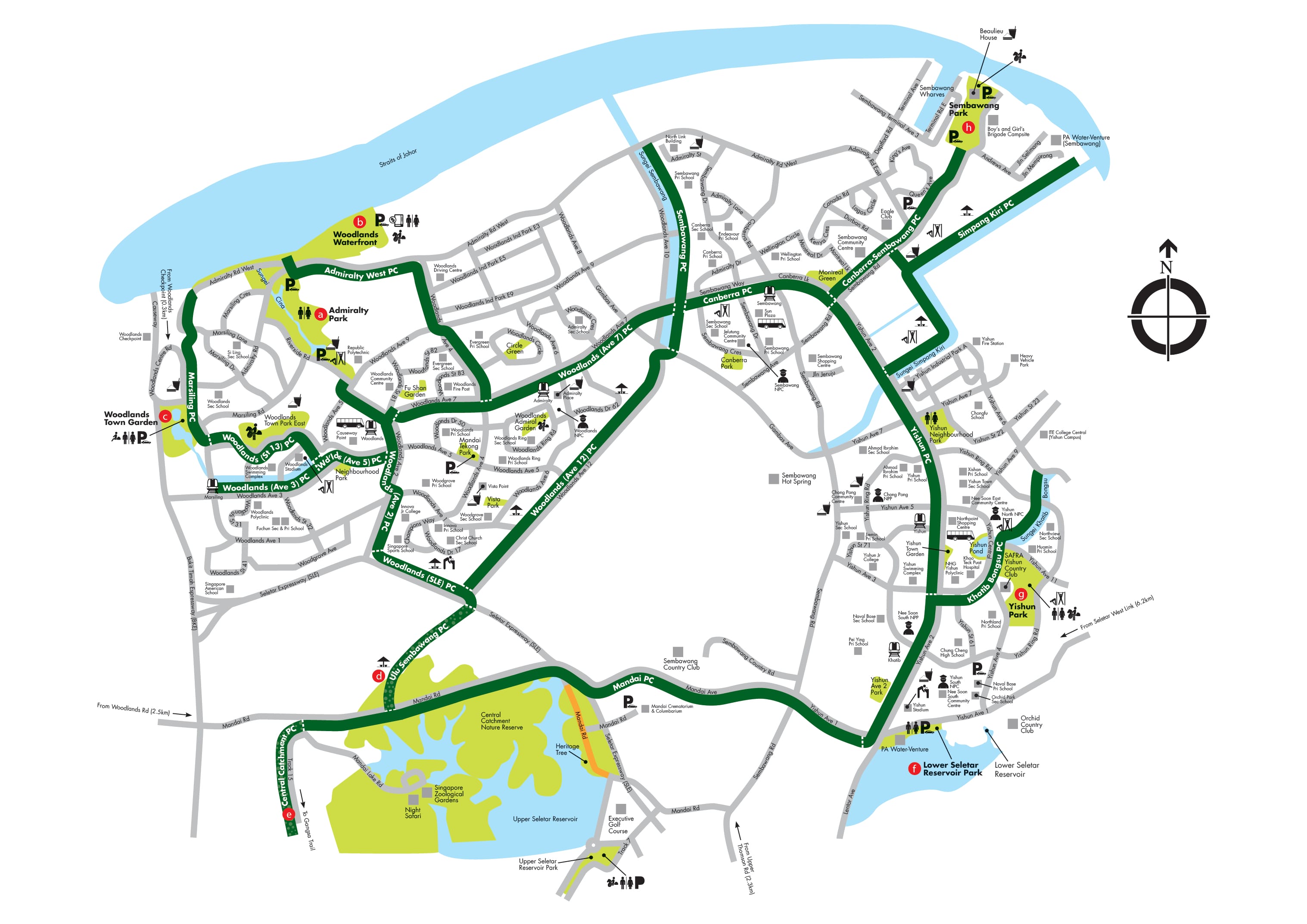 Map of parks and nature reserves in a city, showing green pathways, parking locations, and recreational icons.